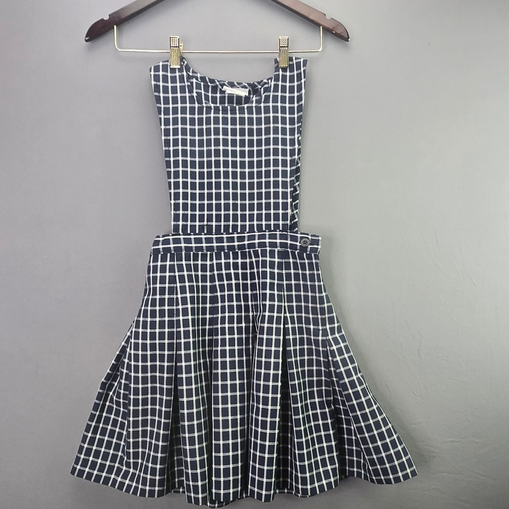 Becky Thatcher Jumper Dress Girls 6 Navy Blue White Grid Pleated Uniform 3562